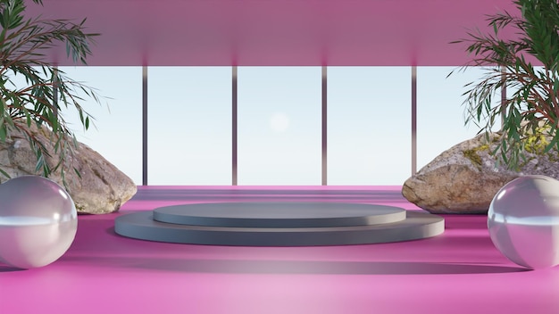 3D render black podium on pink background