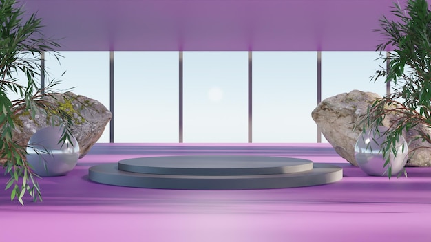 3D render black podium on purple background