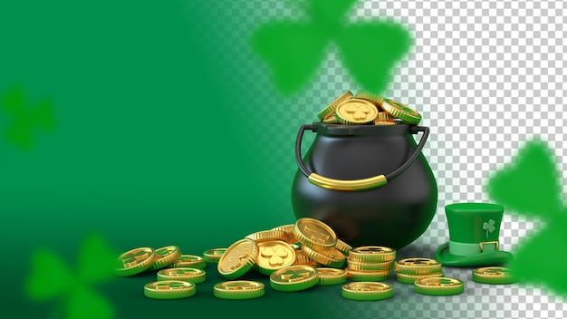 Rendering 3d di pentola nera piena di monete d'oro e cappello leprechaun