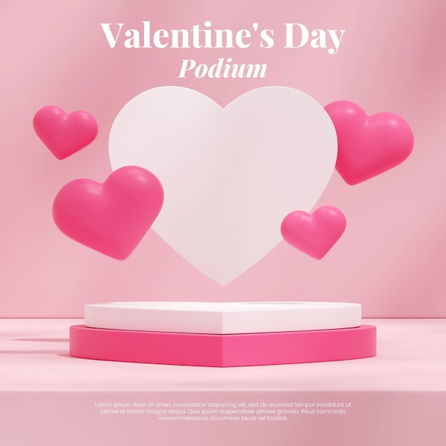 3d render blank mockup white and pink heart shape podium in square floating hearts shape backdrop