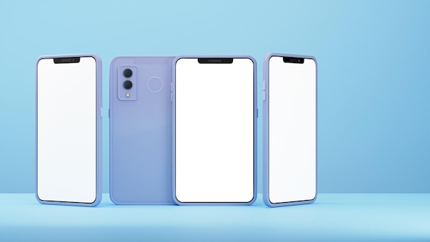 3d render of blank multi screen smartphone mockup with doubleside against blue background