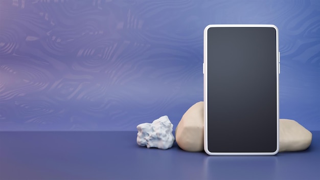 3D Render of Blank Smartphone Screen Mockup And Stones On Blue Ripple Marble Texture Background