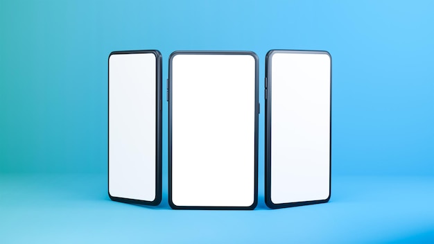 PSD 3d render of blank smartphone screen mockup in three angels on sky blue background