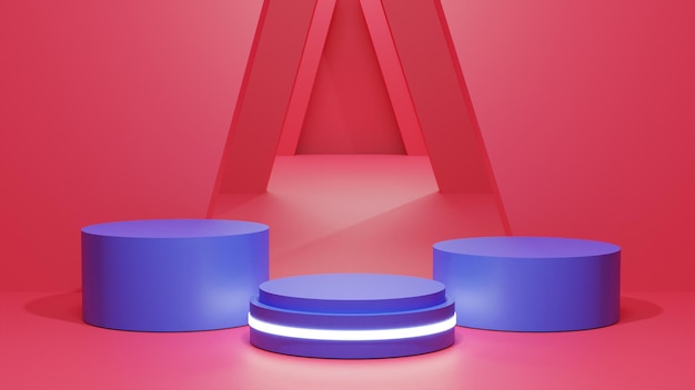 3D render blauw podium met rode achtergrond