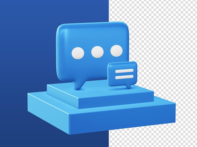 3d render blue chat speech bubble speak text icons with podium for UI UX web mobile apps designs