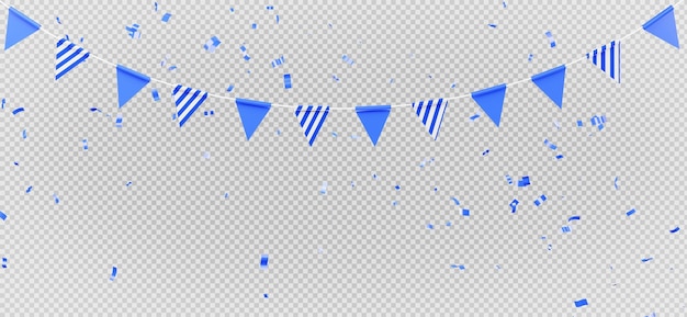 3d render of blue flag garland with confetti flying