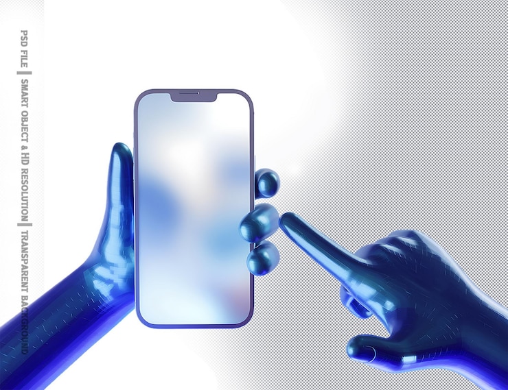 PSD 3d render of blue hands holding phone