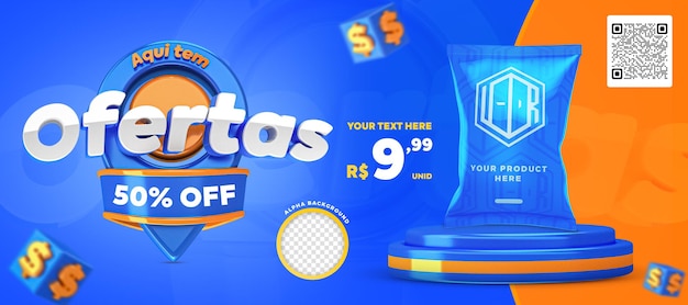 3d render blue and orange here have offers promotion banner social media post template