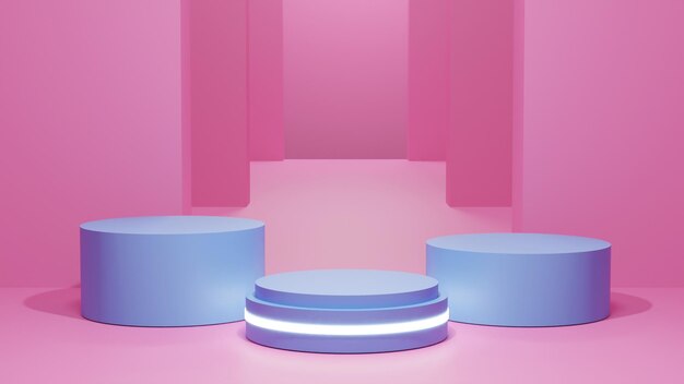 3D render blue podium with light