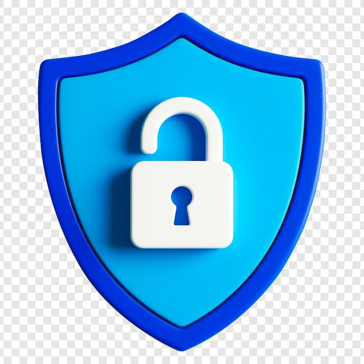 PSD 3d render of a blue shield with an open lock
