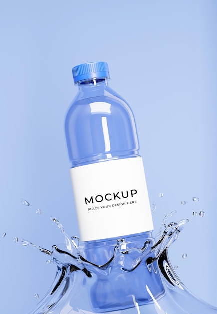 PSD 3d render of blue water bottle with splashing and label mockup