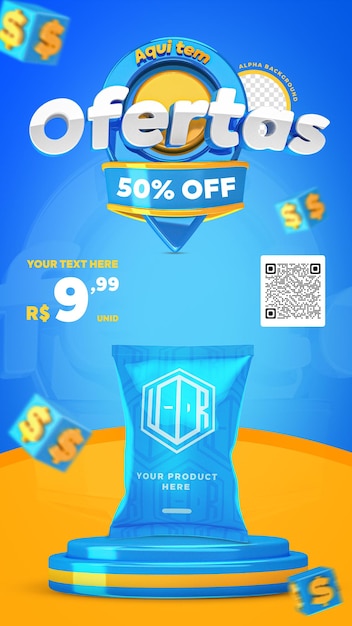 3d render blue and yellow here have offers promotion instagram stories social media post template