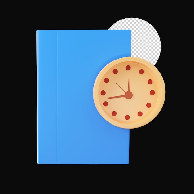 3d render of book and clock on black background