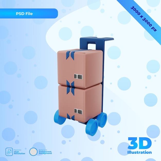 PSD illustrazione del carrello delle scatole di rendering 3d