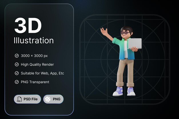 3d render boy character using laptop concept modern icon illustrations design