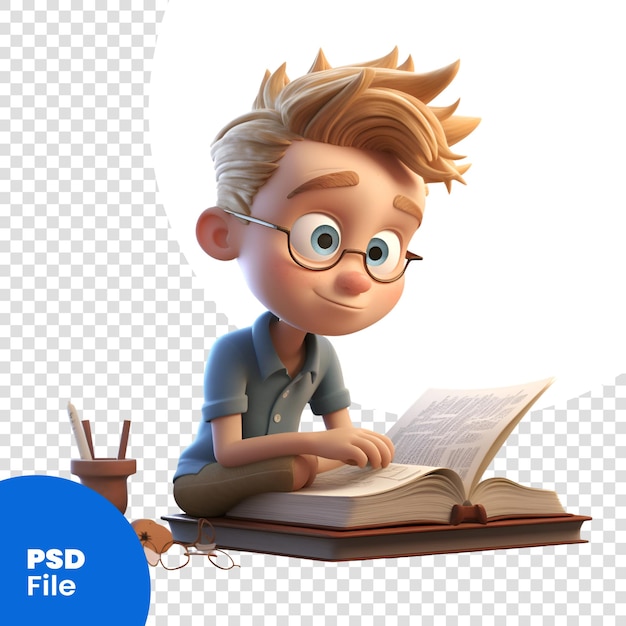 PSD rendering 3d di un ragazzo che legge un libro con il modello psd degli occhiali