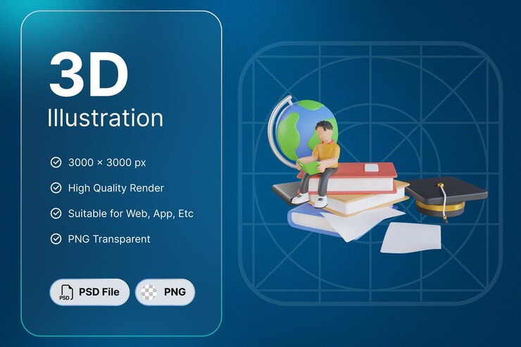 PSD 3d-рендеринг мальчика, сидящего на книге