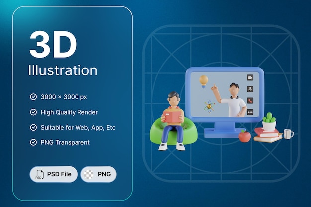 PSD 3d render boy watching tutorial 교육