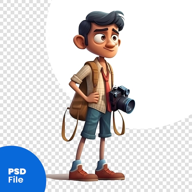 PSD 3d render of a boy with backpack and camera on white background psd template