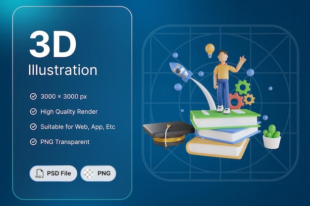 PSD 3d render boy with book education