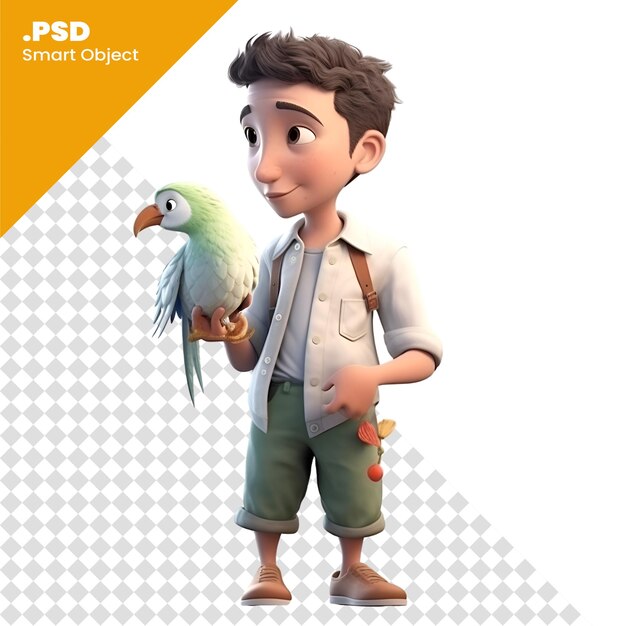3d render of a boy with a parrot in his hand psd template