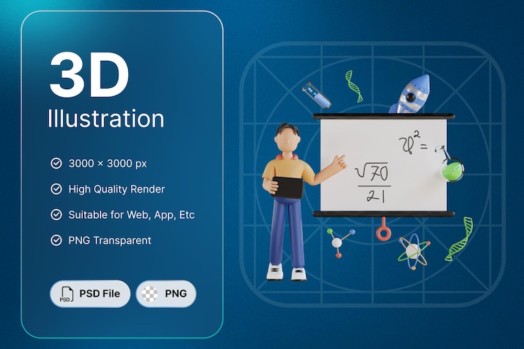 PSD 3d-рендеринг мальчика с доской для обучения