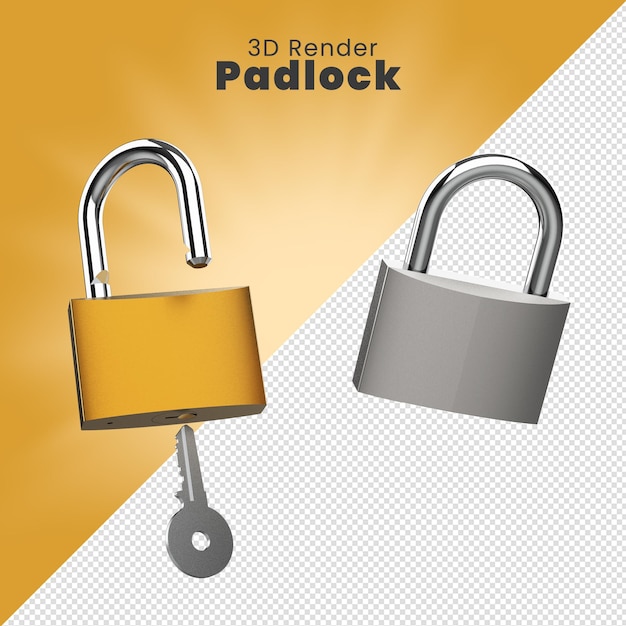 PSD 3d render of a brass and iron padlocks cadeados prateado e dourado