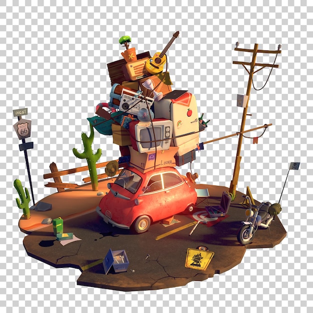 3d render brokendown stylized car