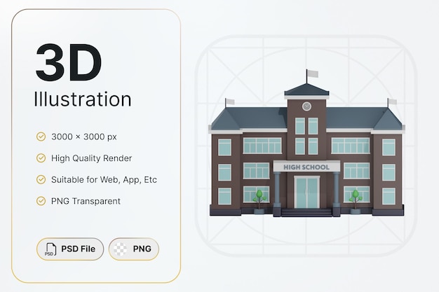 PSD 3d 렌더링 갈색 학교 건물 센터 보기 개념 현대적인 디자인