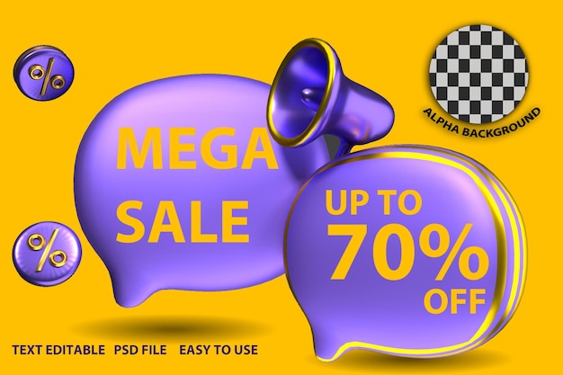 3d render bubbles spech mega offer sale 3d Illustration with megaphone and element design