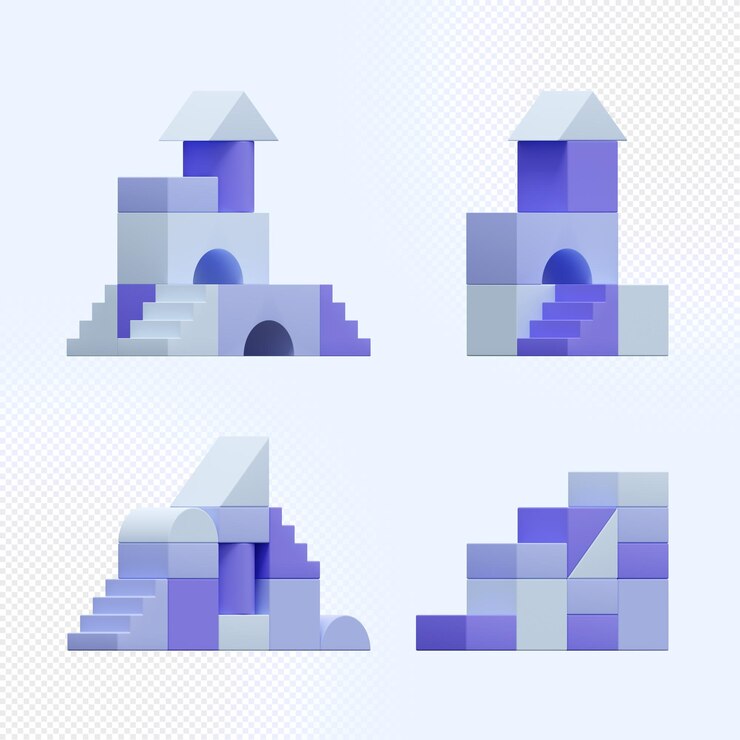 PSD 3d render building blocks toys collection purple