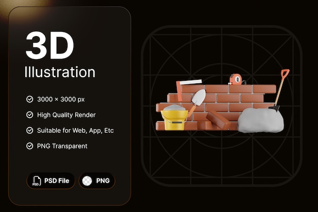 3D Render Built Bricks Walls Construction Concept Modern Icon Illustrations Design