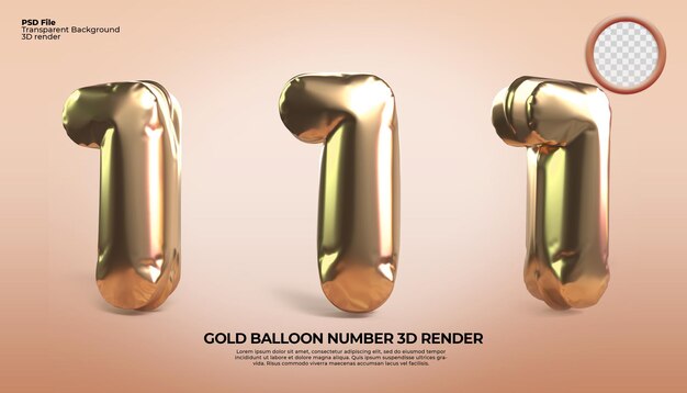 3D Render Bundle of balloon number 1 gold Style for anniversary