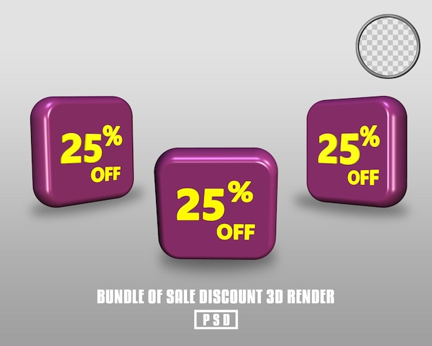 3d-рендеринг пакета скидки на продажу в процентах фиолетового и желтого цвета кнопки