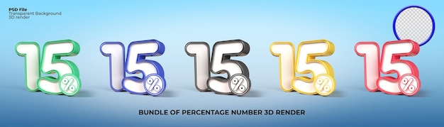 PSD 3d render bundle of percentage number 15 png for discount sale progress