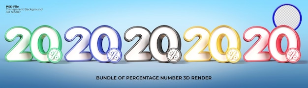 PSD 3d render bundle of percentage number 20 png for discount sale progress