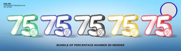 PSD 3d render bundle of percentage number 75 png for discount sale progress