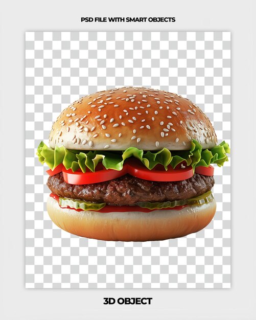 PSD 3d render of a burger with cheese and lettuce