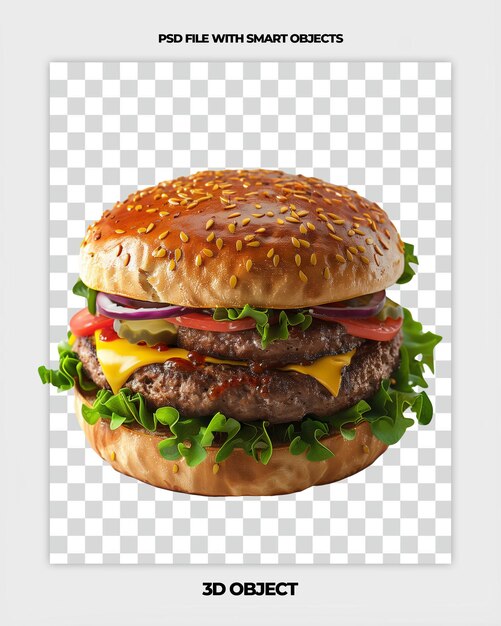 3d render of a burger with cheese and lettuce