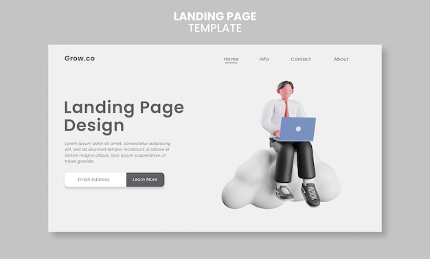 PSD 3d render of businessman flying in the sky and working landing page template