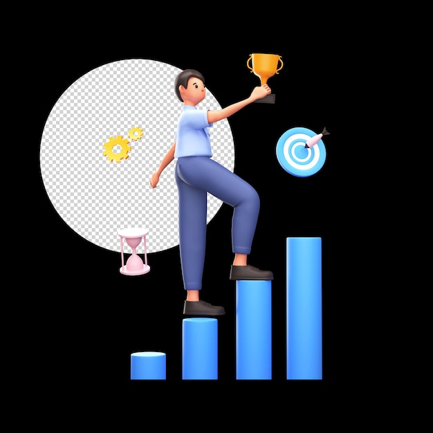 3d render of businessman holding trophy cup at bar graph with target board cog wheel hourglass on black background