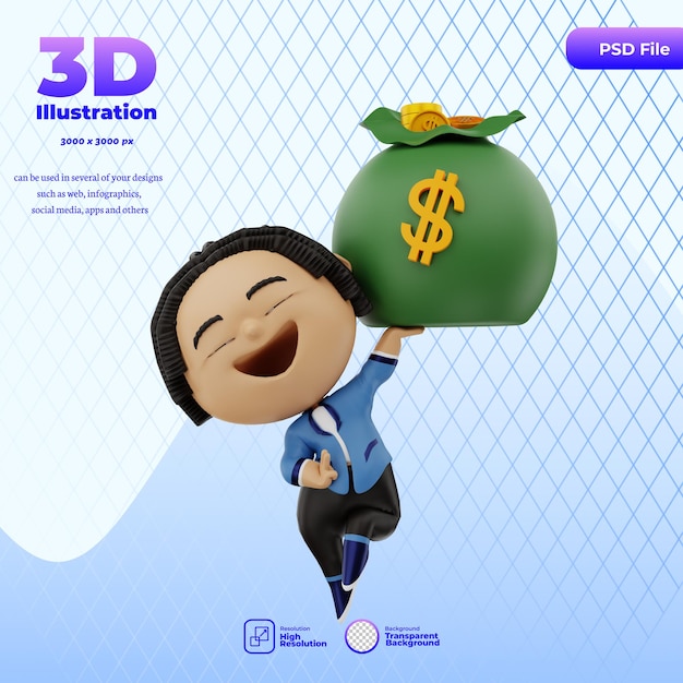 PSD 3d render businessman lifting a money bag