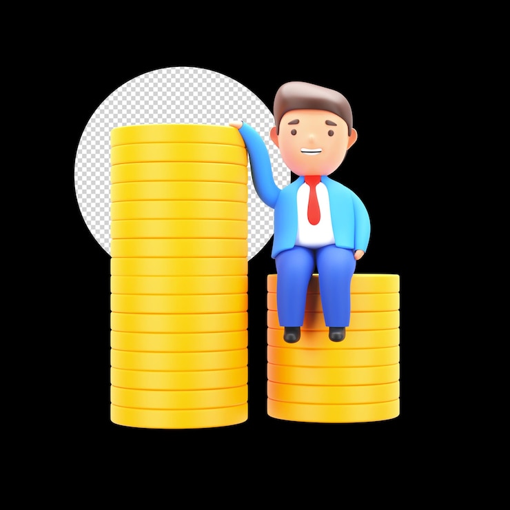 PSD 3d render of businessman sitting on stack of coins against black background
