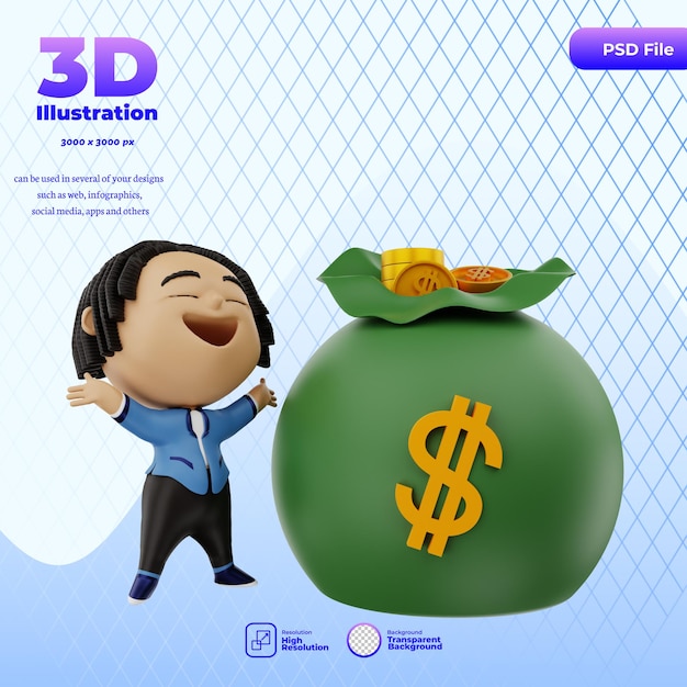 PSD 3d визуализация бизнесмен очень доволен деньгами