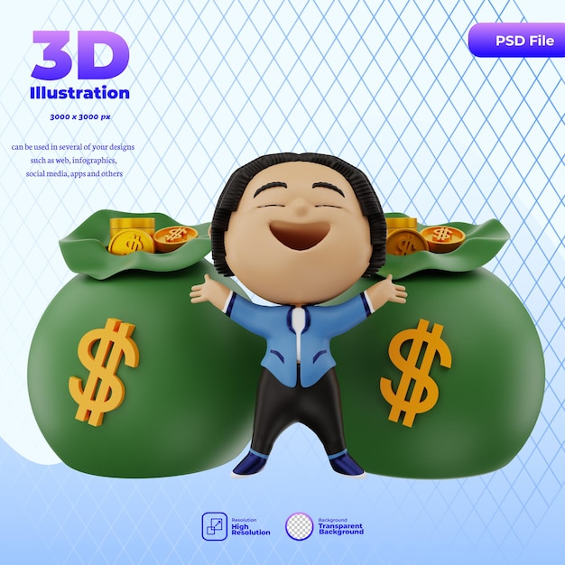 PSD 3d render businessman very happy with money