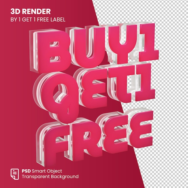 Rendering 3d paghi uno prendi due etichetta gratuita con effetto vetro e colore magenta viva