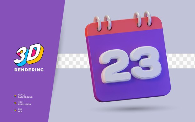 Календарь 3D-рендеринга на 23 дня для ежедневного напоминания или расписания