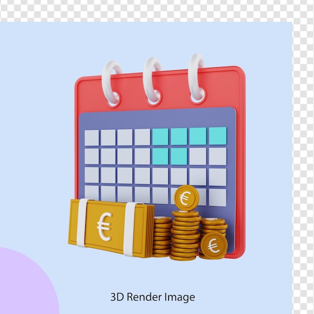 PSD calendario di rendering 3d con denaro in euro