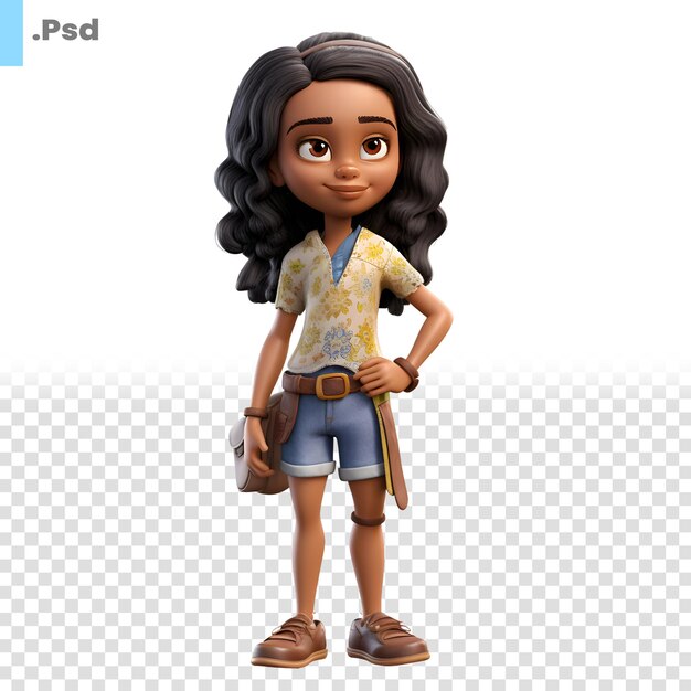 PSD 3d render of cartoon asian girl with backpack on white background with clipping path psd template