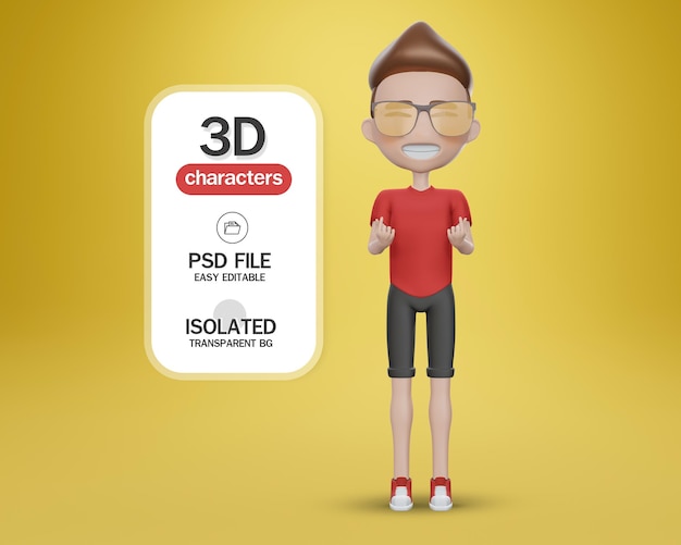 3d render Cartoon boy character in  red shirt and black pant  boy gives a heart on a background